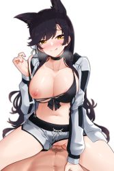 Rule 34 | 1boy, 1girl, absurdres, animal ears, areola slip, atago (azur lane), azur lane, bikini, bikini top only, black bikini, black choker, black hair, blush, breasts, choker, cleavage, clothing aside, collarbone, commentary, commission, cowgirl position, english commentary, girl on top, grey jacket, has bad revision, has censored revision, heavy breathing, highres, jacket, large breasts, long hair, long sleeves, looking at viewer, male pubic hair, mole, mole under eye, navel, nipples, no panties, one breast out, open clothes, open jacket, penis, pov, pubic hair, pussy, sex, shorts, shorts aside, simple background, solo focus, spread legs, stomach, straddling, swept bangs, swimsuit, uncensored, undressing, vaginal, very long hair, white background, yellow eyes, z.taiga