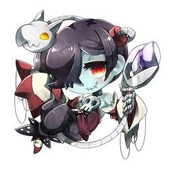 Rule 34 | 1girl, bare shoulders, blue skin, chibi, colored skin, detached sleeves, dress, female focus, hair over one eye, leviathan (skullgirls), long dress, long skirt, parasite, red eyes, rin10, side ponytail, skirt, skullgirls, smile, solo, squigly (skullgirls), stitched mouth, stitches, striped, zombie