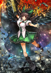 Rule 34 | 1girl, arm cannon, bird wings, black wings, bouncing breasts, bow, breasts, broken ground, brown hair, cape, female focus, hair bow, hair bun, large breasts, looking at viewer, outstretched arms, puffy short sleeves, puffy sleeves, red eyes, reiuji utsuho, shirt, short sleeves, single hair bun, skirt, solo, space, third eye, touhou, umigarasu (kitsune1963), weapon, wings