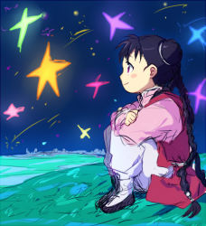 Rule 34 | 1girl, black eyes, black hair, blush stickers, braid, chinese clothes, colorful, crossed arms, fullmetal alchemist, happy, long hair, looking up, lowres, may chang, night, riru, shooting star, sitting, sky, smile, solo, solo focus, star (sky)