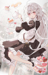 Rule 34 | 1girl, ahoge, apron, bare legs, black footwear, blush, cake, cup, desert, dessert, eyebrows, food, heart-shaped food, high heels, highres, holding, holding cup, holding teapot, key, leg up, long hair, long sleeves, maid, maid apron, maid headdress, mole, mole under eye, open mouth, original, red eyes, ronopu, saucer, standing, standing on one leg, strawberry shortcake, teapot, tiered tray, very long hair, white hair