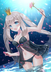 Rule 34 | 1girl, black panties, blue eyes, blush, breasts, cleavage, collarbone, crown, fate/grand order, fate (series), flower, grey hair, holding, holding flower, long hair, looking at viewer, marie antoinette (fate), medium breasts, naomi (fantasia), navel, open mouth, panties, partially submerged, smile, solo, standing, twintails, underwear, very long hair, wading, water