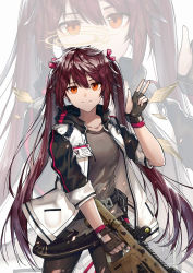 Rule 34 | 1girl, alternate hairstyle, arknights, belt, black skirt, collarbone, commentary request, cowboy shot, drop shadow, exusiai (arknights), fingerless gloves, gloves, grey shirt, gun, hair ribbon, halo, hand up, highres, holding, holding gun, holding weapon, id card, jacket, kriss vector, long hair, looking at viewer, miniskirt, open clothes, open jacket, pantyhose, raglan sleeves, red eyes, red hair, ribbon, shirt, skirt, smile, solo, submachine gun, torn clothes, torn pantyhose, twintails, w, weapon, white jacket, wings, yuuki mix