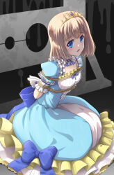 Rule 34 | 1girl, arms behind back, bdsm, blonde hair, blue bow, blue dress, blue eyes, bondage, bound, bound arms, bound wrists, bow, diadem, dress, female focus, frilled dress, frills, gloves, highres, jewelry, kneeling, leshade entis, looking at viewer, mia luna tearmoon, puffy sleeves, restrained, rope, shibari, shibari over clothes, short hair, short sleeves, solo, tearmoon teikoku monogatari, tears, white gloves