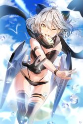 Rule 34 | 1girl, ahoge, bad id, bad pixiv id, bikini, bird, black bikini, black scarf, black thighhighs, blue sky, boba, bow, breasts, cleavage, cloud, cloudy sky, commentary, crossed arms, day, double v, eating, fate/grand order, fate (series), food, glint, gluteal fold, hair between eyes, hair bow, highres, ice cream, looking at viewer, medium breasts, midriff, okita j. souji (fate), okita j. souji (first ascension) (fate), okita souji (fate), okita souji (koha-ace), one eye closed, open mouth, outdoors, outstretched arms, scarf, short hair, silver hair, sky, smile, solo, swimsuit, thighhighs, thighs, v, water drop, yellow eyes