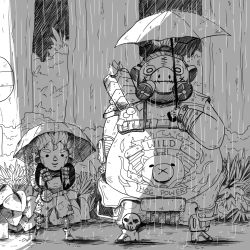 Rule 34 | 2boys, animated, animated gif, bare shoulders, big belly, blush stickers, bus stop, forest, gas mask, greyscale, hair ornament, holding, holding umbrella, junkrat (overwatch), long hair, male focus, mask, mechanical arms, monochrome, multiple boys, nature, navel, outdoors, overwatch, overwatch 1, parody, peg leg, pig, pig tattoo, ponytail, rain, roadhog (overwatch), shade, single mechanical arm, skull, smile, spiked hair, spikes, stomach tattoo, tattoo, the-scared-crow, tire, tonari no totoro, torn clothes, tree, umbrella