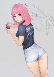 Rule 34 | 1girl, ass, black shirt, breasts, brown eyes, carina (xiaowoo), closed mouth, clothes writing, commentary request, denim, denim shorts, from behind, grey background, kneepits, legs together, looking at viewer, looking back, medium hair, original, pink hair, shirt, shirt tucked in, short shorts, short sleeves, shorts, simple background, solo, standing, tareme, thighs