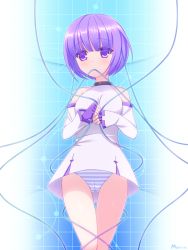 Rule 34 | 1girl, artist name, bare shoulders, blunt bangs, blush, cameltoe, detached sleeves, dress, espoir, eyebrows, eyes visible through hair, fingerless gloves, from below, gloves, gluteal fold, holding, maron (1212ama), mouth hold, panties, pantyshot, purple eyes, purple hair, short hair, solo, sound voltex, sound voltex ii infinite infection, standing, striped clothes, striped panties, underwear, wire