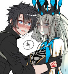 Rule 34 | 1boy, 1girl, after kiss, black gloves, black hair, blue eyes, blue lips, blush, braid, breasts, caught, command spell, commentary, crown, crown braid, fate/grand order, fate (series), fujimaru ritsuka (male), fujimaru ritsuka (male) (polar chaldea uniform), gloves, hair between eyes, hetero, large breasts, lipstick mark, long hair, looking at viewer, morgan le fay (fate), morgan le fay (queen of winter) (fate), nose blush, open mouth, sanmoto gorouzaemon, simple background, sweat, upper body, veil, white background, white hair
