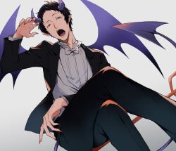 Rule 34 | 1boy, adachi tooru, black hair, black jacket, black pants, bow, bowtie, collared shirt, commentary request, crossed legs, demon boy, demon horns, demon tail, fangs, formal, grey eyes, hand up, highres, horns, jacket, long sleeves, looking at viewer, male focus, open mouth, orange nails, pants, persona, persona 4, pointy ears, purple wings, shirt, short hair, sitting, solo, suit, tail, white bow, white bowtie, white shirt, wings, yoshino saku