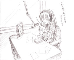 Rule 34 | 00s, 1girl, closed mouth, closed eyes, microphone, monitor, monochrome, purple theme, radio booth, recording studio, rozen maiden, sitting, sketch, solo, sorethroat, sound effects, studio, studio microphone, suigintou, table