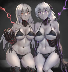 Rule 34 | 2girls, abyssal ship, aircraft carrier princess, aircraft carrier princess ii, bikini, black bikini, breasts, claws, closed mouth, collarbone, colored skin, grin, groin, hair between eyes, kantai collection, kokuzou, large breasts, long hair, looking at viewer, multiple girls, navel, ponytail, purple eyes, red eyes, smile, swimsuit, white hair, white skin