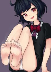 Rule 34 | 1girl, absurdres, bare legs, barefoot, black dress, black hair, blush, bow, bowtie, commentary request, dress, feet, foot focus, head tilt, highres, houjuu nue, looking at viewer, open mouth, panties, purple background, red bow, red bowtie, red eyes, scottie0521, short hair, short sleeves, simple background, sitting, smell, smile, soles, solo, toenails, toes, touhou, underwear, upskirt, white panties