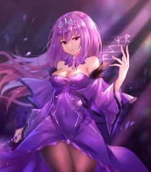 Rule 34 | 1girl, bad id, bad pixiv id, bare shoulders, black pantyhose, bow, breasts, caster (lostbelt), cleavage, detached collar, fate/grand order, fate (series), hair bow, heiyan shenshi, highres, looking at viewer, medium breasts, pantyhose, purple eyes, red eyes, runes, scathach (fate), scathach skadi (fate), solo, thigh gap, tiara, wide sleeves