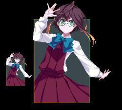 Rule 34 | 1girl, black background, blue bow, blue bowtie, bow, bowtie, brown hair, cazanera, closed mouth, glasses, green eyes, kantai collection, long sleeves, looking at viewer, medium hair, multiple views, okinami (kancolle), pleated skirt, red skirt, shirt, sidelocks, skirt, smile, white shirt