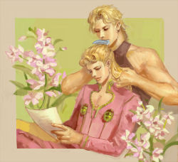 Rule 34 | 2boys, bad id, bad pixiv id, blonde hair, blue eyes, brushing hair, comb, brushing hair, dio brando, fabulous, father and son, flower, giorno giovanna, jojo no kimyou na bouken, male focus, multiple boys, pectoral cleavage, pectorals, realistic, red eyes, vento aureo, yfwdec22