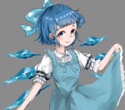Rule 34 | 1girl, blue bow, blue dress, blue eyes, bow, cirno, clothes lift, collared shirt, detached wings, dress, dress lift, grey background, hair behind ear, hair bow, ice, ice wings, meme, pinafore dress, puffy sleeves, shirt, short hair, sketch, sleeveless dress, solo, touhou, v-, white shirt, wings