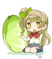 Rule 34 | 1girl, bad id, bad twitter id, bow, brown hair, cabbage, chibi, dated, full body, hair bow, long hair, looking at viewer, love live!, love live! school idol project, minami kotori, mota, one side up, open mouth, school uniform, simple background, skirt, smile, solo, white background, yellow eyes