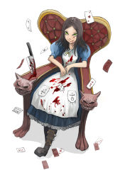 Rule 34 | 1girl, alice: madness returns, alice (alice in wonderland), alice in wonderland, alice liddell (american mcgee&#039;s alice), american mcgee&#039;s alice, apron, black hair, blood, boots, breasts, chair, closed mouth, dress, green eyes, highres, jupiter symbol, knife, long hair, looking at viewer, moji0021, simple background, smile, solo, white background