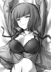 Rule 34 | 1girl, absurdres, arms up, blush, bra, brave witches, breasts, cleavage, fankupl, greyscale, gundula rall, highres, large breasts, looking at viewer, lying, midriff, monochrome, necktie, short hair, sketch, smile, solo, unbuttoned, unbuttoned shirt, underwear, undone necktie, world witches series