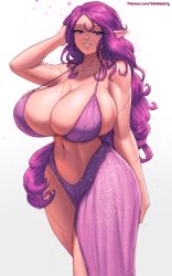 Rule 34 | 1girl, breasts, cleavage, dress, gradient background, grey background, highres, huge breasts, looking at viewer, navel, original, parted lips, patreon username, pointy ears, purple dress, purple eyes, purple hair, smile, solo, stomach, superbusty