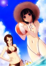 Rule 34 | 2girls, artist request, ball, beach, beachball, bikini, day, glasses, hat, multiple girls, nipples, nude, pussy, see-through, source request, straw hat, swimsuit, third-party edit, uncensored, water, zenra