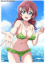 Rule 34 | 1girl, bikini, blue eyes, blue sky, breasts, brown hair, cleavage, cloud, collarbone, commentary, drill hair, emma verde, freckles, frilled bikini, frills, green bikini, hanzou, highres, horizon, jewelry, large breasts, leaning forward, long hair, love live!, love live! nijigasaki high school idol club, low twintails, medium hair, necklace, ocean, open mouth, round teeth, sky, smile, solo, standing, swimsuit, teeth, twintails, twitter username, upper teeth only