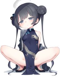 Rule 34 | 1girl, bare shoulders, black dress, black footwear, black hair, blue archive, breasts, butterfly hair ornament, china dress, chinese clothes, closed mouth, commentary request, covered navel, double bun, dress, grey eyes, grey jacket, hair bun, hair ornament, half-closed eyes, halo, head tilt, highres, jacket, kisaki (blue archive), kokone (coconeeeco), looking at viewer, off shoulder, partial commentary, pelvic curtain, pinstripe pattern, shadow, shoes, simple background, sleeveless, sleeveless dress, small breasts, solo, spread legs, squatting, striped, twintails, white background