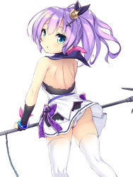 Rule 34 | 1girl, ass, azur lane, backless dress, backless outfit, bare shoulders, black gloves, black ribbon, blush, crown, dress, elbow gloves, gloves, green eyes, hair between eyes, hair ornament, hair ribbon, high ponytail, highres, holding, javelin, javelin (azur lane), looking at viewer, looking back, mini crown, ochinsama, panties, parted lips, partially fingerless gloves, ponytail, purple hair, ribbon, simple background, solo, standing, thighhighs, tilted headwear, underwear, white background, white dress, white panties, white thighhighs