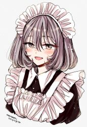 Rule 34 | 1girl, :d, apron, black dress, blush, collared dress, commentary request, cropped torso, dated, dress, eyelashes, fang, frilled apron, frills, grey eyes, grey hair, hair between eyes, happy, looking at viewer, maid, maid headdress, open mouth, original, short hair, signature, simple background, sketch, smile, solo, sugano manami, tsurime, upper body, white apron, white background
