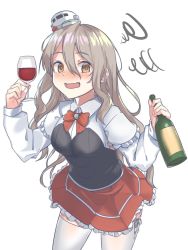 Rule 34 | 1girl, @ @, alcohol, blush, bottle, breasts, brown eyes, cup, drinking glass, frilled skirt, frills, grey hair, hair between eyes, hat, holding, kantai collection, long hair, long sleeves, mini hat, open mouth, pola (kancolle), red neckwear, red skirt, simple background, skirt, solo, squiggle, thighhighs, tiasis, white background, white thighhighs, wine, wine bottle, wine glass