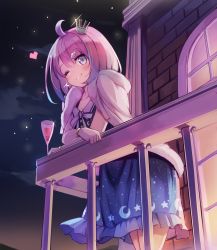 Rule 34 | 1girl, ahoge, blush, crown hair ornament, cup, drinking glass, hair ornament, highres, himemori luna, himemori luna (sundress), hololive, long hair, looking at viewer, night, night sky, one eye closed, sky, smile, solo, sue (bg-bros), virtual youtuber, wine glass