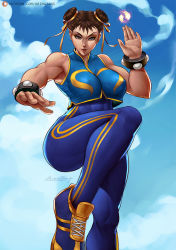 Rule 34 | 1girl, abs, arimatang, artist name, bare shoulders, breasts, brown eyes, brown hair, capcom, chun-li, cloud, hair ornament, hands up, highres, large breasts, legs, looking at viewer, muscular, muscular female, open mouth, outdoors, parted lips, patreon logo, patreon username, shoes, sleeveless, solo, standing, standing on one leg, street fighter, teeth, thighs