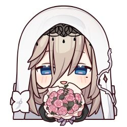 Rule 34 | 1girl, aponia (honkai impact), black sleeves, blue eyes, blush, bouquet, chibi, chinese commentary, flower, hair between eyes, highres, holding, holding bouquet, honkai (series), honkai impact 3rd, light brown hair, long bangs, long hair, long sleeves, looking at viewer, mole, mole under eye, nun, official art, pink flower, solo, transparent background, veil
