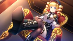 Rule 34 | 1girl, baseson, blonde hair, blue eyes, blush, breasts, brown thighhighs, drill hair, from below, high heels, highres, indoors, koihime musou, looking at viewer, military uniform, open mouth, riding crop, sitting, small breasts, solo, sousou (koihime musou), thighhighs, uniform