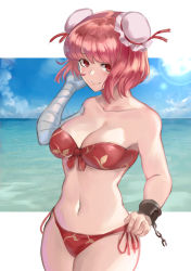 Rule 34 | 1girl, amano hagoromo, bandaged arm, bandages, bandeau, bare arms, bare shoulders, bikini, blue sky, breasts, bun cover, chain, cleavage, cloud, collarbone, commentary request, cowboy shot, cuffs, day, double bun, front-tie bikini top, front-tie top, hair bun, hand in own hair, hand up, highres, ibaraki kasen, large breasts, lens flare, looking at viewer, navel, ocean, outdoors, partial commentary, pink hair, red bikini, red eyes, shackles, short hair, side-tie bikini bottom, sky, smile, solo, standing, stomach, strapless, strapless bikini, swimsuit, thighs, touhou, two-tone background, white background