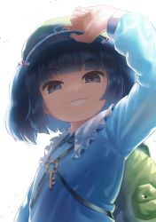 Rule 34 | 1girl, arm up, backpack, bag, blue dress, blue eyes, blue hair, blunt bangs, collared dress, commentary request, dress, flat cap, frilled shirt collar, frills, green hat, grin, hair bobbles, hair ornament, hand on headwear, hat, highres, kawashiro nitori, key, long sleeves, looking at viewer, monosenbei, simple background, smile, solo, touhou, two side up, upper body, v-shaped eyebrows, white background