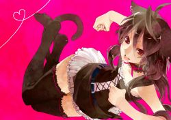 Rule 34 | 1girl, akizuki hakuto, animal ears, bad id, bad pixiv id, black hair, black thighhighs, cat ears, cat girl, cat tail, choker, female focus, flat chest, frilled thighhighs, frills, gradient background, open mouth, original, red eyes, solo, tail, thighhighs, yukie (peach candy), zettai ryouiki
