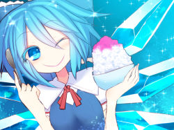 Rule 34 | 1girl, ;), blue eyes, blue hair, bow, cirno, food, hair bow, ice, ice wings, kuresento, matching hair/eyes, one eye closed, shaved ice, smile, solo, spoon, touhou, wings