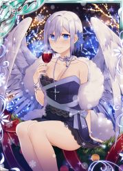 Rule 34 | 1girl, angel, angel wings, black dress, blue eyes, breasts, collaboration, cross, cross necklace, cup, dress, drinking glass, falkyrie no monshou, flower, glass, hair flower, hair ornament, jewelry, lawn, looking at viewer, medium breasts, musse (falkyrie no monshou), natsumekinoko, necklace, night, night sky, official art, purple ribbon, red ribbon, ribbon, shinkai no valkyrie, short hair, sitting, sky, smile, snowflakes, white hair, wine glass, wings