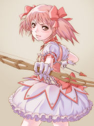 Rule 34 | 10s, 1girl, arrow (projectile), bow (weapon), bubble skirt, choker, face, gloves, jewelry, kaname madoka, lips, looking at viewer, magical girl, mahou shoujo madoka magica, mahou shoujo madoka magica (anime), md5 mismatch, pendant, pink eyes, pink hair, puffy sleeves, short hair, short twintails, simple background, skirt, solo, twintails, weapon, yoshikawa kazunori