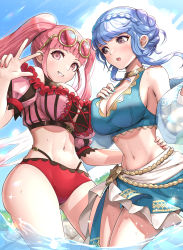 Rule 34 | 2girls, absurdres, alternate costume, bikini, black bikini, blue bikini, blue hair, blunt bangs, blush, braid, breasts, cleavage, cloud, commentary request, cross-laced bikini, cross-laced clothes, crown braid, eyewear on head, female focus, fire emblem, fire emblem: three houses, fire emblem heroes, frilled bikini, frills, gold trim, gonzarez, grin, hand on another&#039;s hip, hand on own chest, hand up, highres, hilda valentine goneril, large breasts, long hair, looking at viewer, looking away, marianne von edmund, matching hair/eyes, midriff, multiple girls, nail polish, navel, nintendo, official alternate costume, open mouth, pink bikini, pink eyes, pink hair, shawl, sidelocks, sky, smile, sunglasses, sunglasses on head, swimsuit, teeth, thighs, twintails, w, wading, water