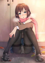 Rule 34 | 1girl, :o, against wall, autumn leaves, bad id, bad pixiv id, black footwear, blue eyes, blue skirt, blush, brown hair, buttons, cardigan, crotch seam, full body, ginkgo leaf, head tilt, highres, kyuuso inukami, leaf, legs, loafers, long sleeves, looking at viewer, nail polish, open mouth, original, panties, panties under pantyhose, pantyhose, pantyshot, pink scarf, pleated skirt, scarf, shoes, short hair, sitting, skirt, solo, thighband pantyhose, underwear, white nails, white panties