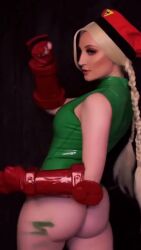 Rule 34 | 1girl, animated, ass, bare shoulders, blonde hair, braid, cammy white, cammy white (cosplay), canadian (nationality), cosplay, from behind, highres, holly wolf, leotard, long hair, photo (medium), real life, sleeveless, street fighter, tagme, thong leotard, video