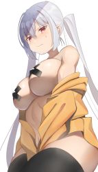 Rule 34 | 1girl, bad id, bad pixiv id, black thighhighs, breasts, closed mouth, commentary request, cross pasties, grey hair, hair between eyes, highres, hiiragi ken, jacket, large breasts, long hair, looking at viewer, naked jacket, navel, off shoulder, open clothes, open jacket, original, pasties, red eyes, simple background, solo, tape, tape on nipples, thighhighs, twintails, very long hair, white background, yellow jacket