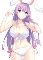 Rule 34 | 1girl, absurdres, animal ears, bikini, blush, breasts, cleavage, collarbone, diving penguin, extra ears, hand in own hair, highres, large breasts, light purple hair, light smile, long hair, looking at viewer, navel, rabbit ears, red eyes, reisen udongein inaba, side-tie bikini bottom, simple background, solo, swimsuit, touhou, v, white background, white bikini