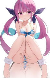 Rule 34 | 1girl, ankle cuffs, bare shoulders, barefoot, between legs, bikini, blue hair, blue ribbon, blush, braid, breasts, cameltoe, cleavage, closed mouth, colored inner hair, drill hair, feet, frilled bikini, frills, full body, hair ribbon, halterneck, hand between legs, hands on own thighs, highres, hololive, knees together feet apart, knees up, light blush, long hair, looking at viewer, medium breasts, minato aqua, minato aqua (hololive summer 2019), multicolored hair, open mouth, pink eyes, pink hair, reflection, revision, ribbon, sideways glance, simple background, sitting, solo, striped bikini, striped clothes, swimsuit, twin drills, twintails, very long hair, virtual youtuber, white background, zhiyou ruozhe