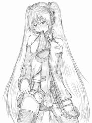 Rule 34 | 1girl, arm behind back, bad id, bad pixiv id, bare shoulders, blush, clothes lift, cowboy shot, cropped legs, detached sleeves, greyscale, hatsune miku, headset, jun (666), long hair, long sleeves, long twintails, microphone, miniskirt, monochrome, mouth hold, necktie, panties, pleated skirt, shirt, simple background, skirt, skirt lift, sleeveless, sleeveless shirt, solo, striped clothes, striped panties, suspender skirt, suspenders, thighhighs, traditional media, twintails, underwear, very long hair, vocaloid, white background, wide sleeves, zettai ryouiki