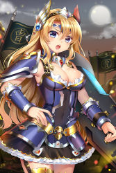 Rule 34 | &gt;:o, 1girl, :o, armor, armored dress, asymmetrical bangs, bad id, bad pixiv id, banner, blonde hair, blue eyes, breasts, character request, cleavage, cloud, copyright request, covered navel, cowboy shot, detached collar, dress, faulds, hair between eyes, hand on own hip, long hair, looking at viewer, medium breasts, moon, mvv, open mouth, pauldrons, shield, shoulder armor, sky, sleeveless, sleeveless dress, solo, tiara, v-shaped eyebrows, vambraces