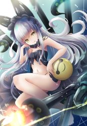 Rule 34 | 1girl, :p, ass, azur lane, bare arms, bare shoulders, black panties, breasts, closed mouth, commentary request, dutch angle, hair between eyes, head tilt, highres, long hair, looking at viewer, navel, observer alpha (azur lane), panties, renka (cloudsaikou), silver hair, siren (azur lane), siren observer (azur lane), sitting, small breasts, smile, solo, tentacles, tongue, tongue out, underwear, very long hair, yellow eyes